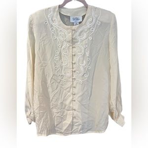 Vintage 80’s Bob Mackie 100% Silk Appliqué Button Front Blouse Cream. Size 10.